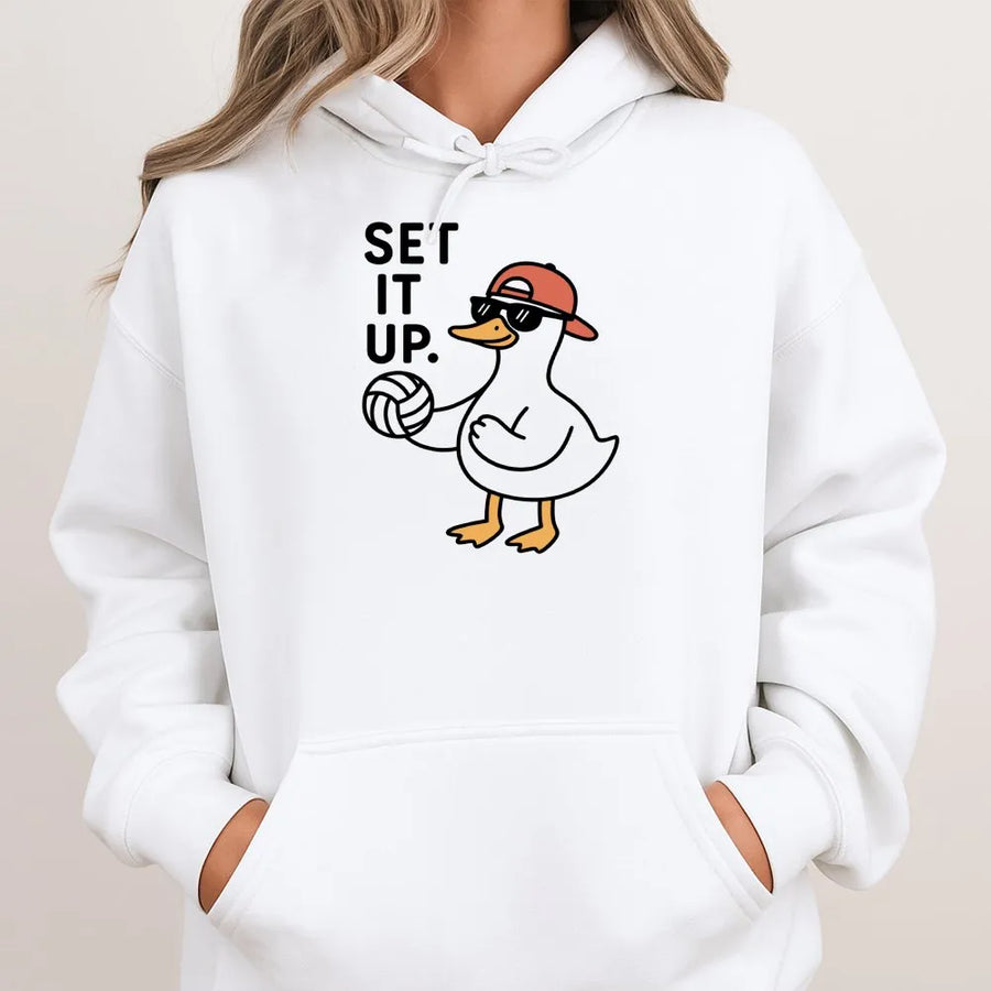 Volleyball Hoodie | Cute Duck Playing Volleyball Graphic | Premium Cotton Blend | Funny Sports Gift for Volleyball Players and Coaches