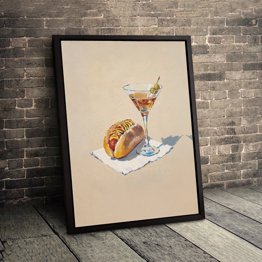 Hot Dog and Martini Still Life Canvas Art | Modern Kitchen Wall Decor | Premium Fade-Resistant Print | Quirky Food & Drink Dining Room Gift