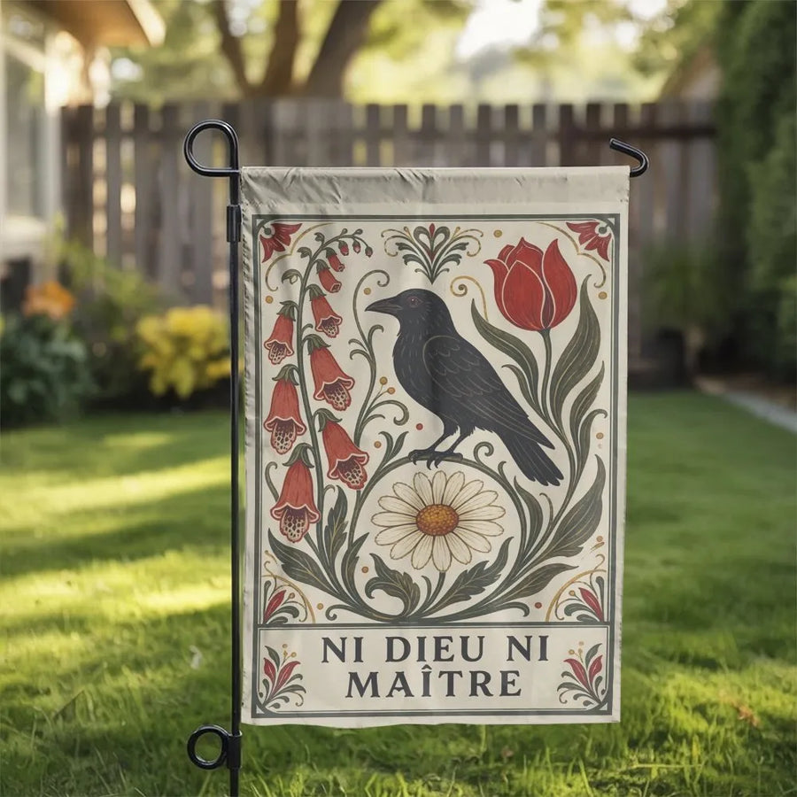 Ni Dieu Ni Maître Garden Flag | Vintage Art Nouveau Crow & Floral Art | Double Sided Premium Polyester | Anarchist Yard Decor Gift