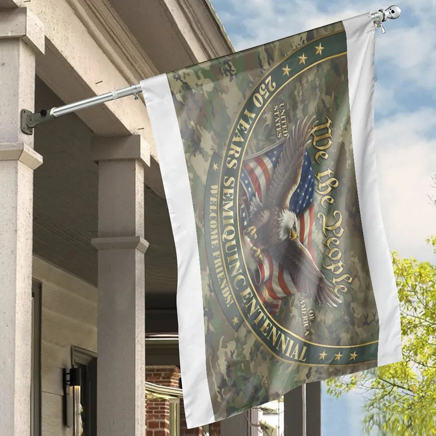 250th Anniversary Semiquincentennial House Flag | We The People Eagle & Camo | Double-Sided Weather-Resistant Fabric | Patriotic Yard Decor Gift