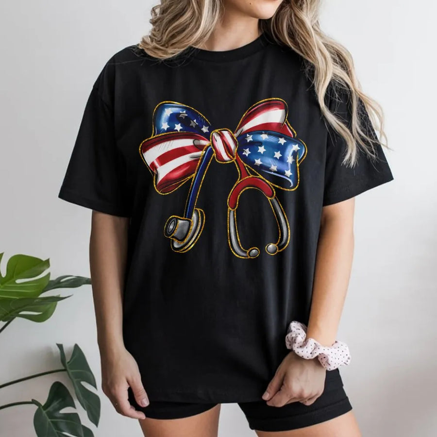 Patriotic Nurse T-Shirt | Coquette Stethoscope American Flag Bow | Premium Cotton Blend | 4th of July Gift for RN