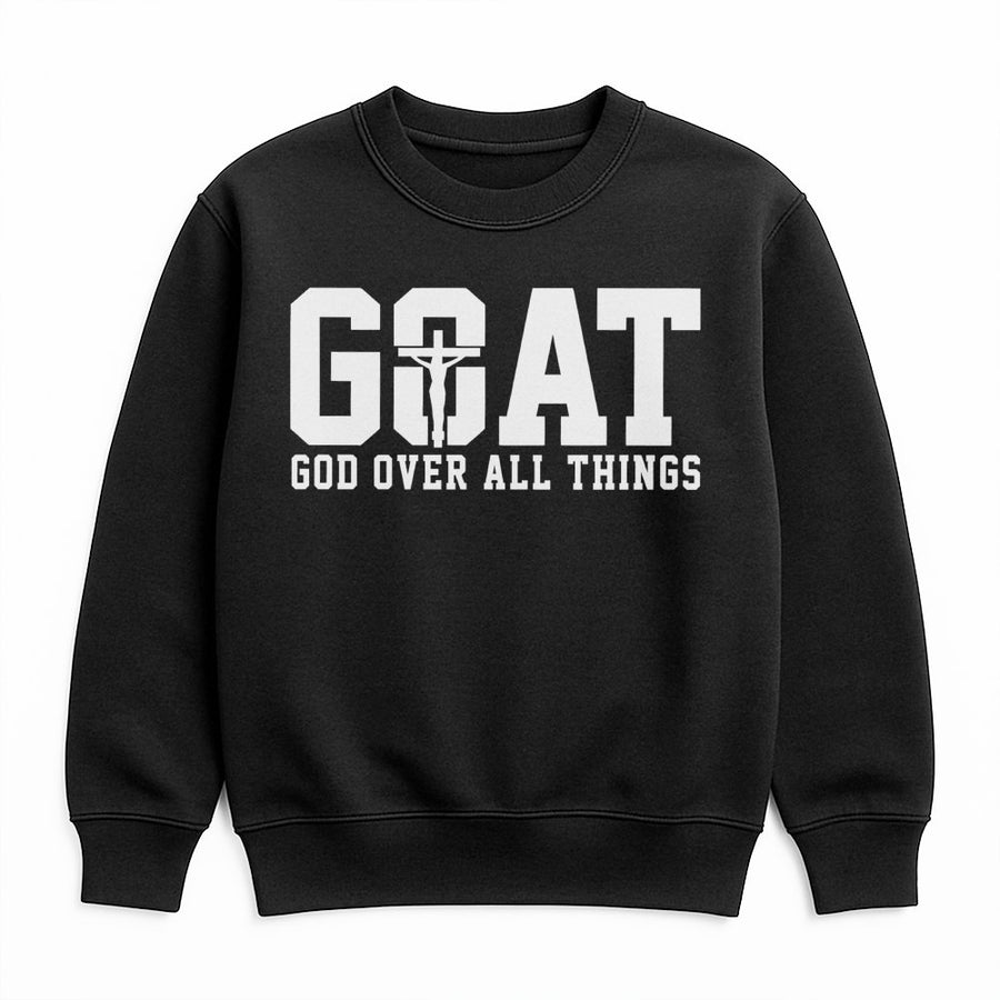 GOAT God Over All Things Sweatshirt | Christian Faith Cross Graphic | Soft Cotton Blend Unisex Pullover | Religious Gift for Men and Women