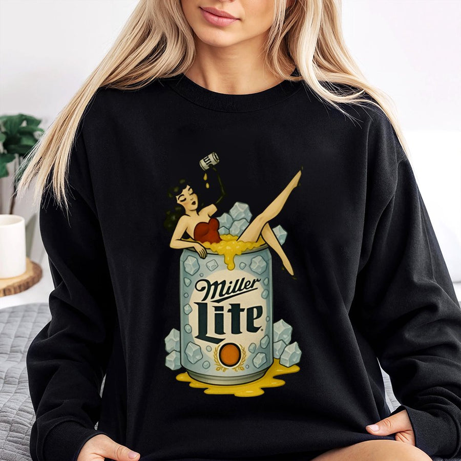 Miller Pin-Up Graphic Sweatshirt, Unisex Retro Beer Logo Sweatshirt, Vintage Style Artwork, Fun Beer Lover  Sweatshirt