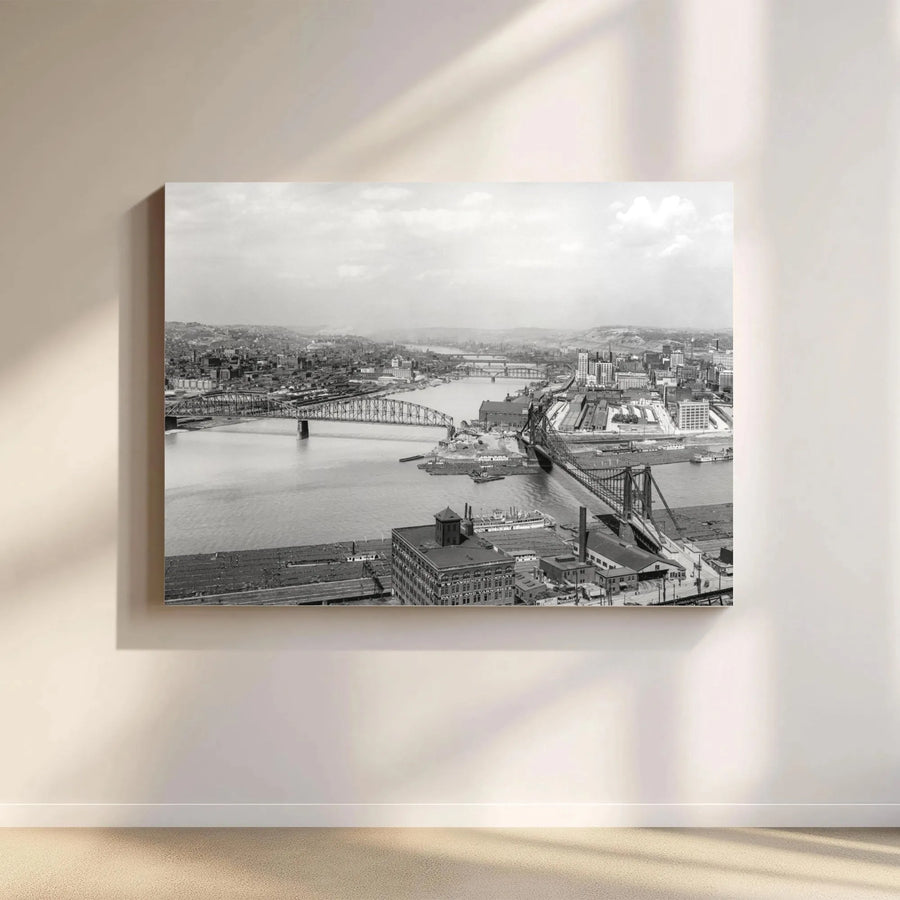 Vintage Pittsburgh Cityscape Canvas Print | Black and White Riverfront Skyline | 1.25-Inch Gallery Wrap | Pennsylvania Home Office Decor