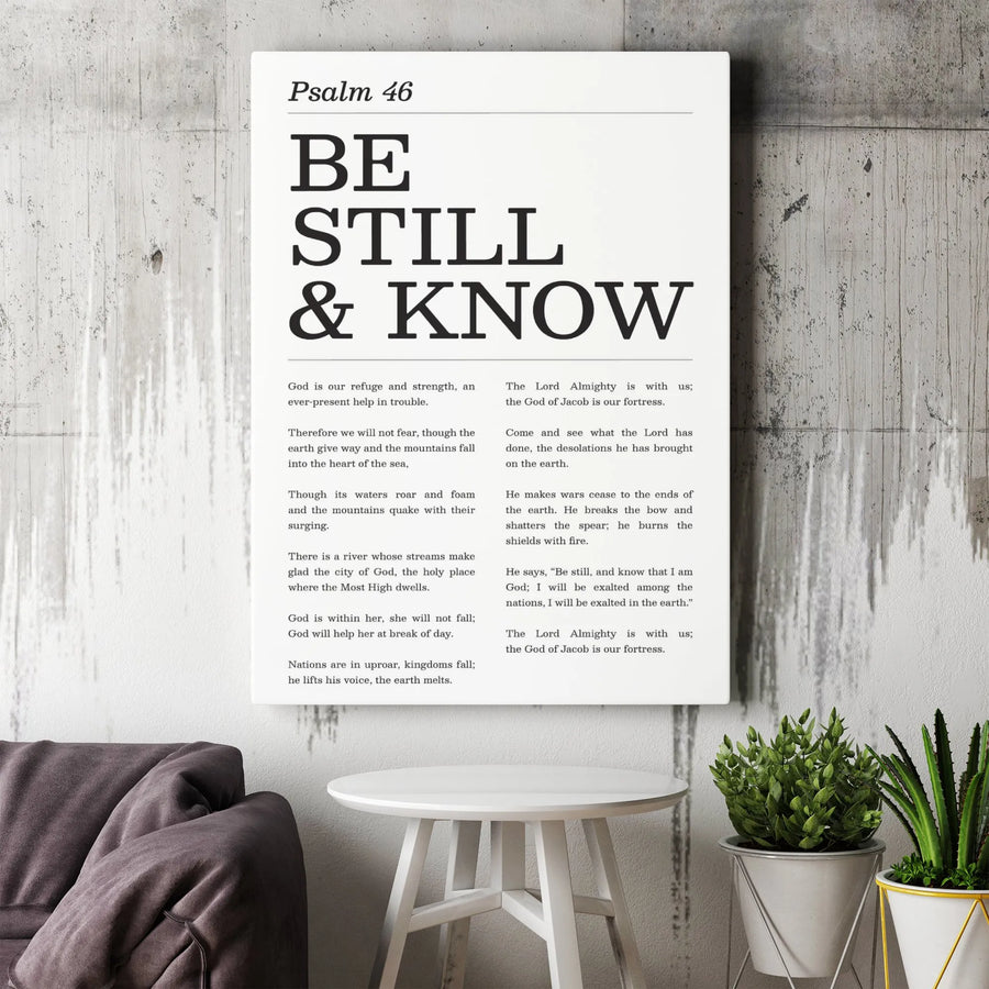 Psalm 46 Bible Verse Wall Art | Be Still And Know Minimalist Typography | Premium Gallery Wrapped Canvas | Christian Home Decor Gift