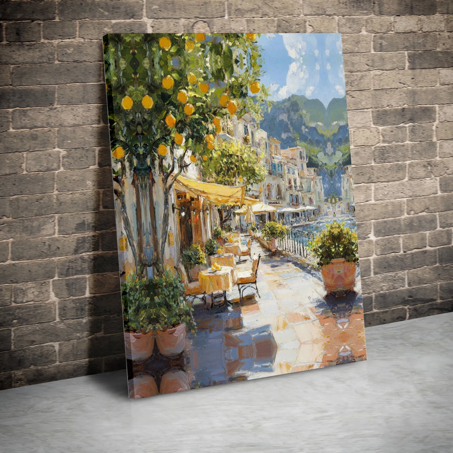 Italian Coast Canvas Wall Art | Impressionist Lemon Tree & Seaside Cafe Painting | Premium Gallery Wrapped Canvas | European Travel Gift for Kitchen Decor