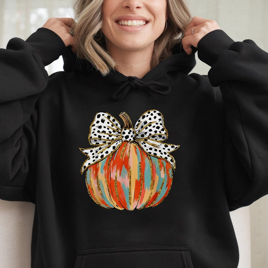 Pumpkin Hoodie with Bow | Cute Coquette Aesthetic Fall Design | Premium Cotton Blend Sweatshirt | Thanksgiving Gift for Women and Teens