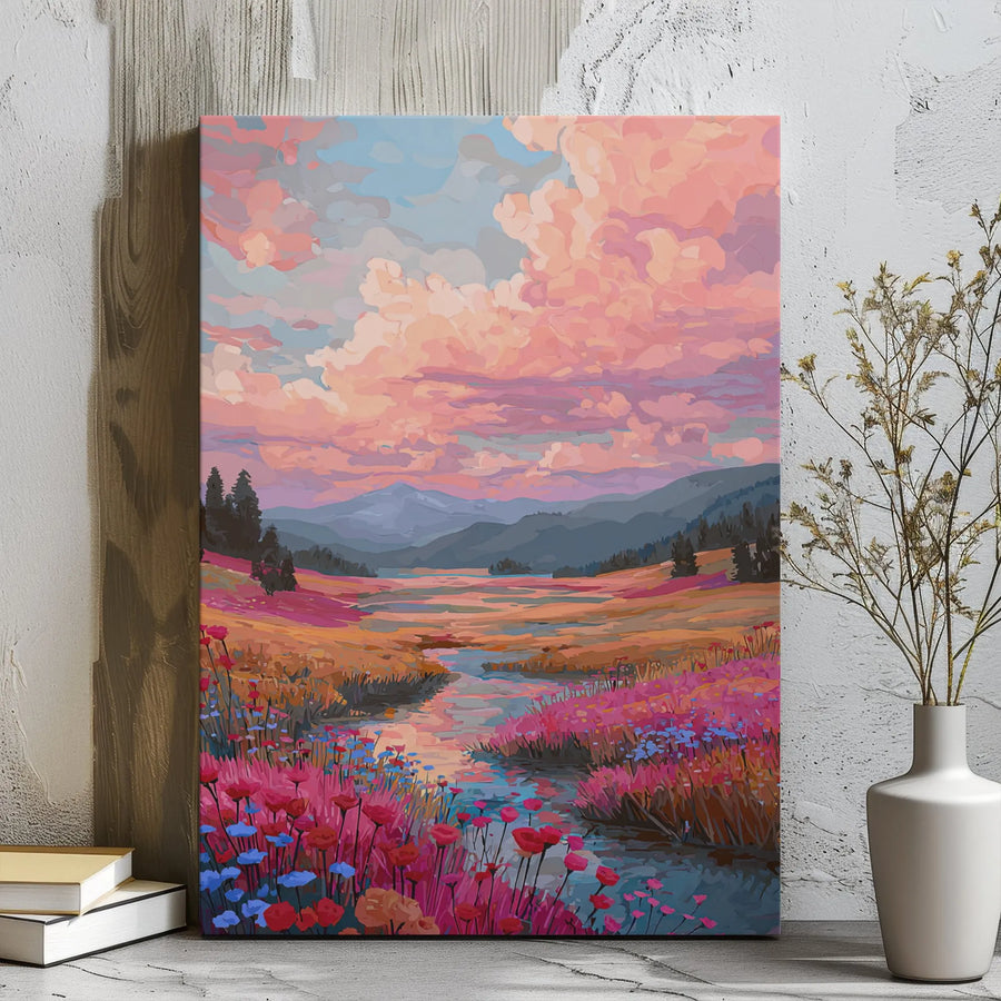 Mountain Landscape Canvas Wall Art | Pink Sunset Wildflower River Print | 1.25" Gallery Wrap | Premium Nature Decor for Home and Office