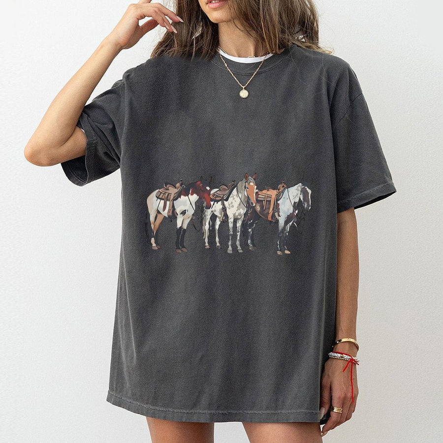 Horse Trio T-Shirt | Western Saddle Ranch Life Design | 100% Premium Cotton Tee | Gift for Cowgirls and Equestrian Lovers
