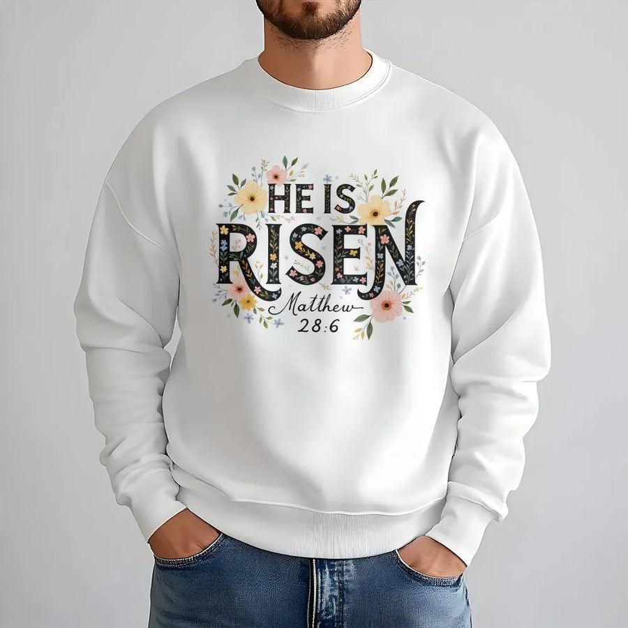 He Is Risen Christian Sweatshirt | Floral Easter Bible Verse Graphic | Premium Cotton Blend Crewneck | Religious Faith Gift For Women