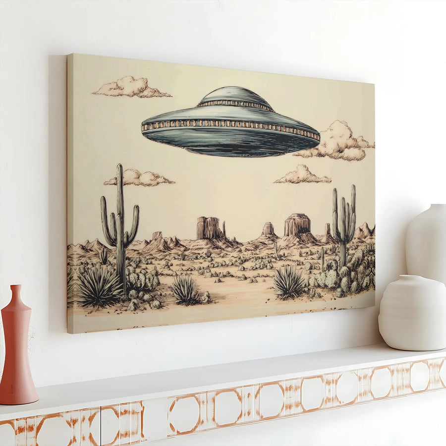 Retro UFO Desert Horizontal Canvas | Vintage Flying Saucer Landscape Sketch | Premium 1.25-Inch Gallery Wrap | Cool Alien Sci-Fi Wall Art Gift for Home Office
