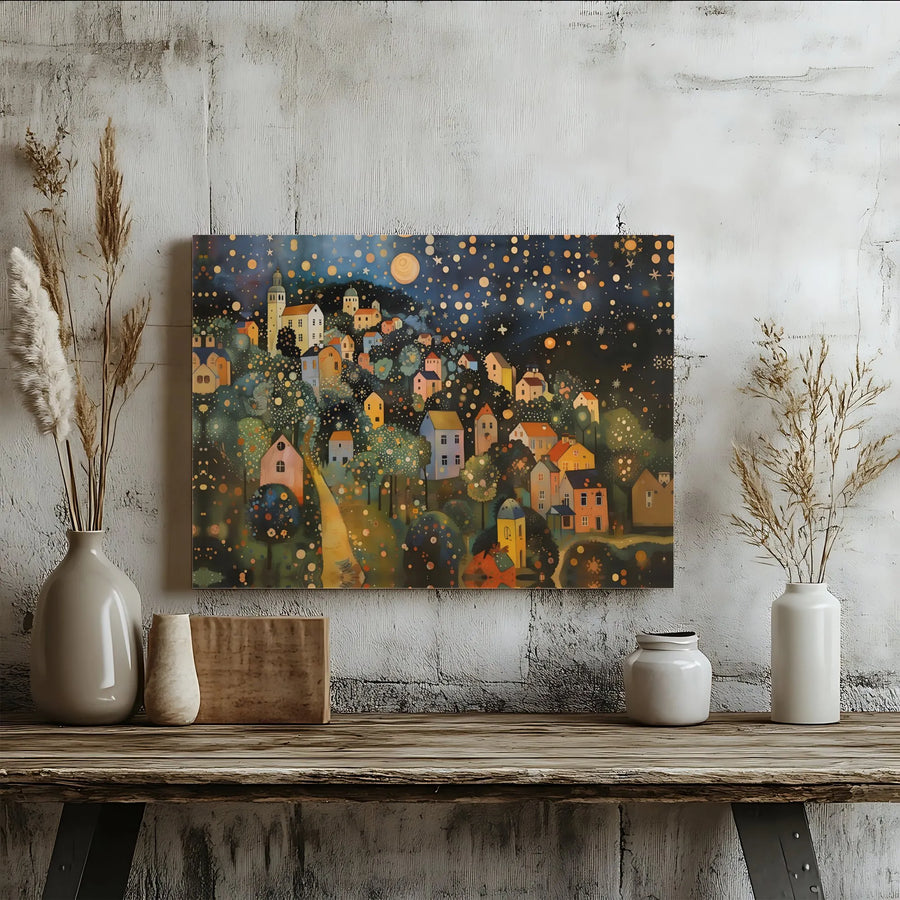 Whimsical Village Canvas Print | Starry Night Hillside Town Art | Premium Gallery Wrapped Canvas | Living Room Wall Decor Gift