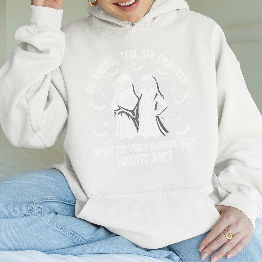 Funny Ghost Hoodie | Tell My Parents Haunt Me Graphic | Soft Cotton Blend Pullover | Sarcastic Halloween Gift for Adults