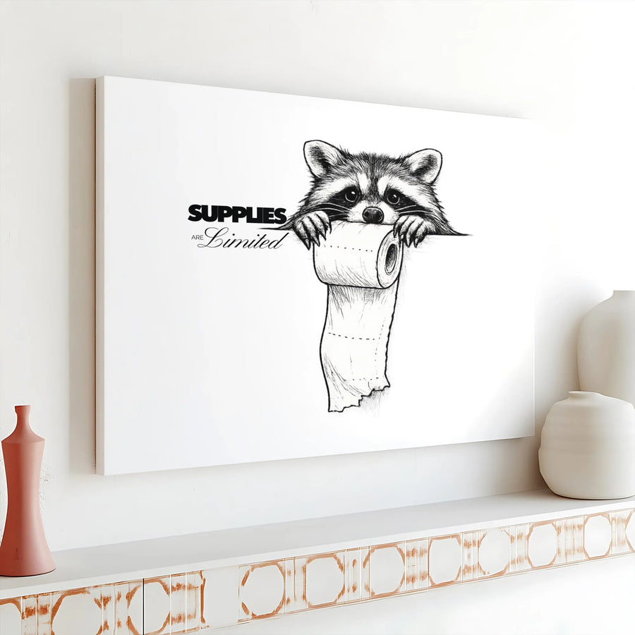 Funny Raccoon Bathroom Art Canvas | 'Supplies Are Limited' Sketch | Premium Gallery Canvas | Humorous Guest Bathroom Decor Gift