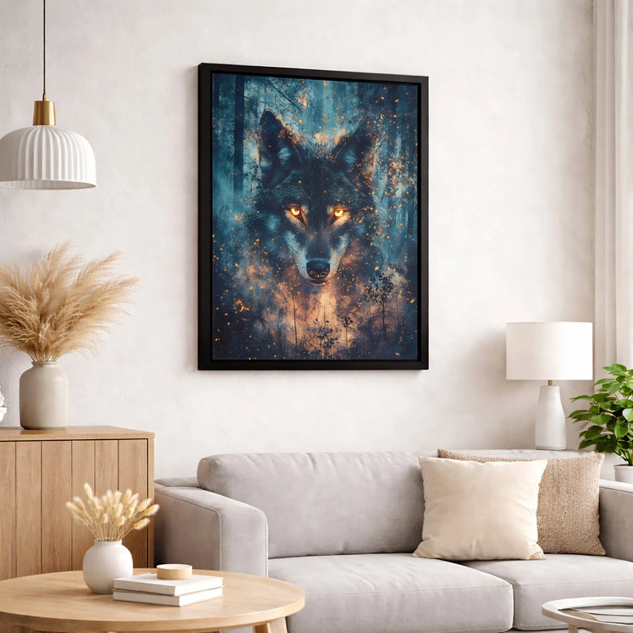 Mystical Wolf Wall Art | Glowing Fire Eyes Forest Canvas | Gallery Quality 1.25-inch Profile | Wildlife Nature Decor Gift for Wolf Lovers