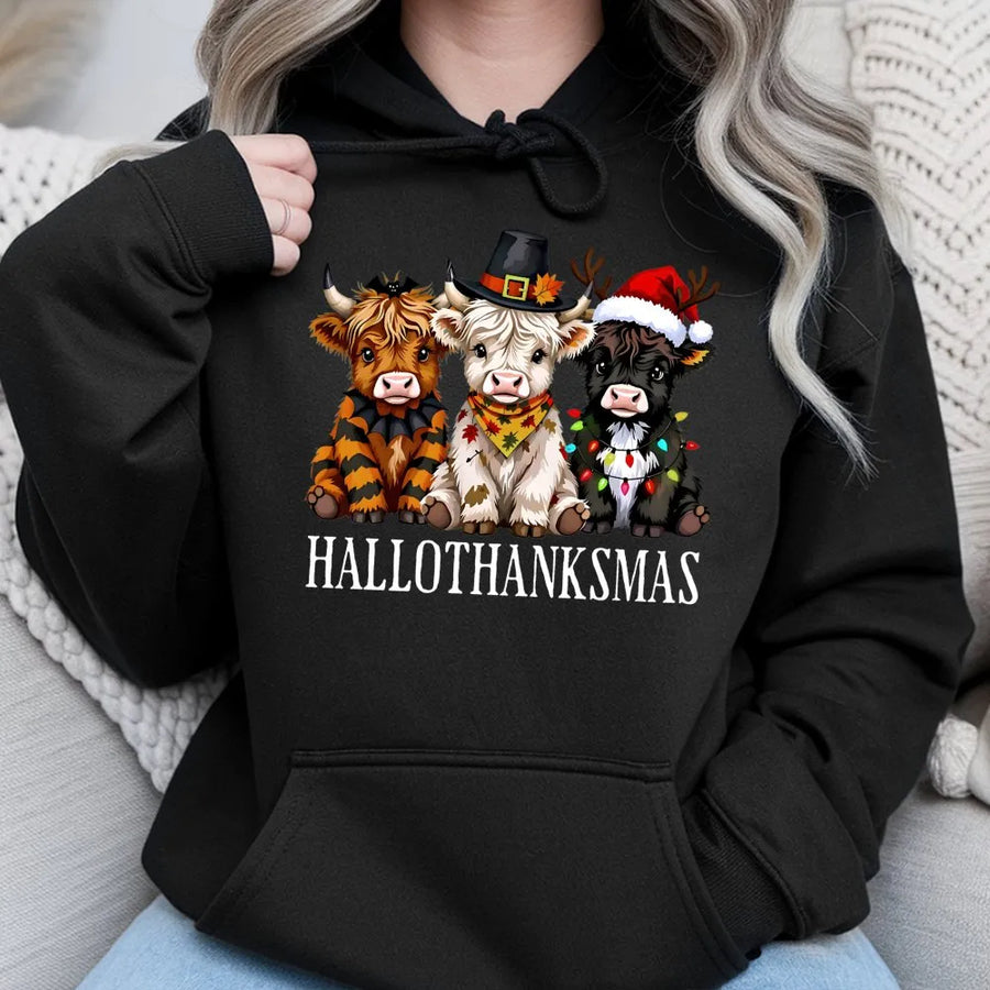 Highland Cow Hallothanksmas Hoodie | Cute Triple Holiday Graphic Design | Premium Cotton Blend | Funny Farm Animal Fall & Christmas Gift For Her