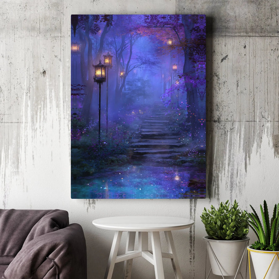 Enchanted Forest Canvas Print | Mystical Pathway with Glowing Lanterns | Premium Frameless Wall Art | Fantasy Bedroom Decor Gift