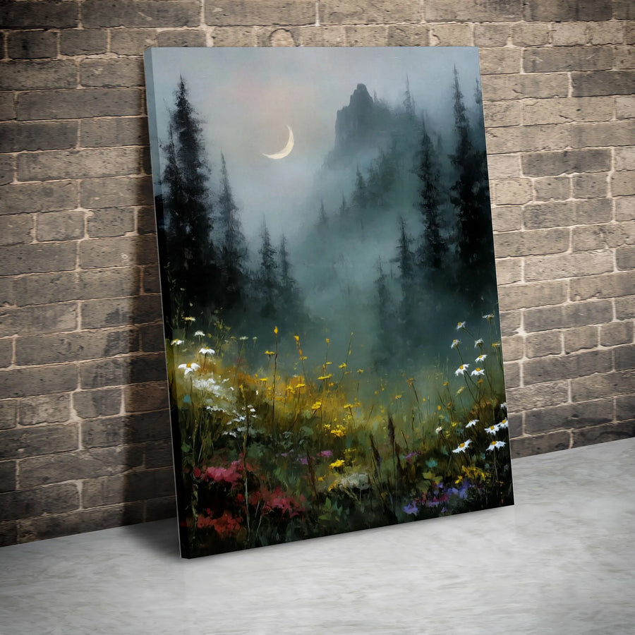 Misty Mountain Forest Canvas Wall Art | Whimsical Moonlit Wildflowers Landscape | Premium Fade-Resistant Print | Moody Nature Home Decor Gift