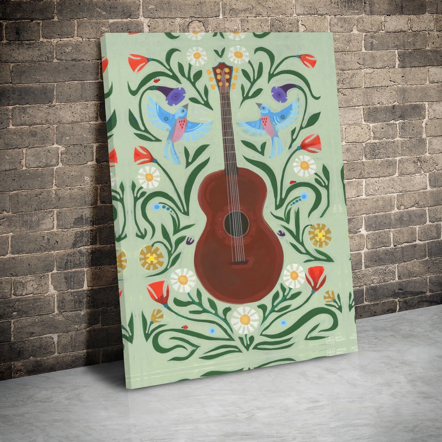 Acoustic Guitar Wall Art | Folk Art Floral Bird Illustration | Premium Gallery Wrapped Canvas | Music Lover Gift Home Decor