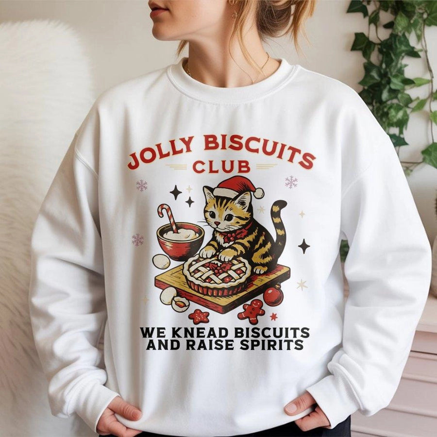 Christmas Cat Sweatshirt | Jolly Biscuits Baking Design | Premium Cotton Blend Crewneck | Cute Holiday Gift for Cat Lovers