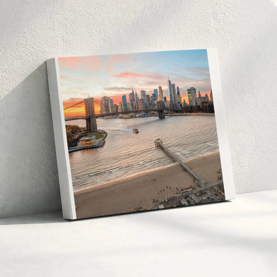 Lower Manhattan Skyline Canvas Print | NYC Sunset & Brooklyn Bridge Wall Art | Premium Fade-Resistant Canvas | Modern Home Decor Gift for New Yorker