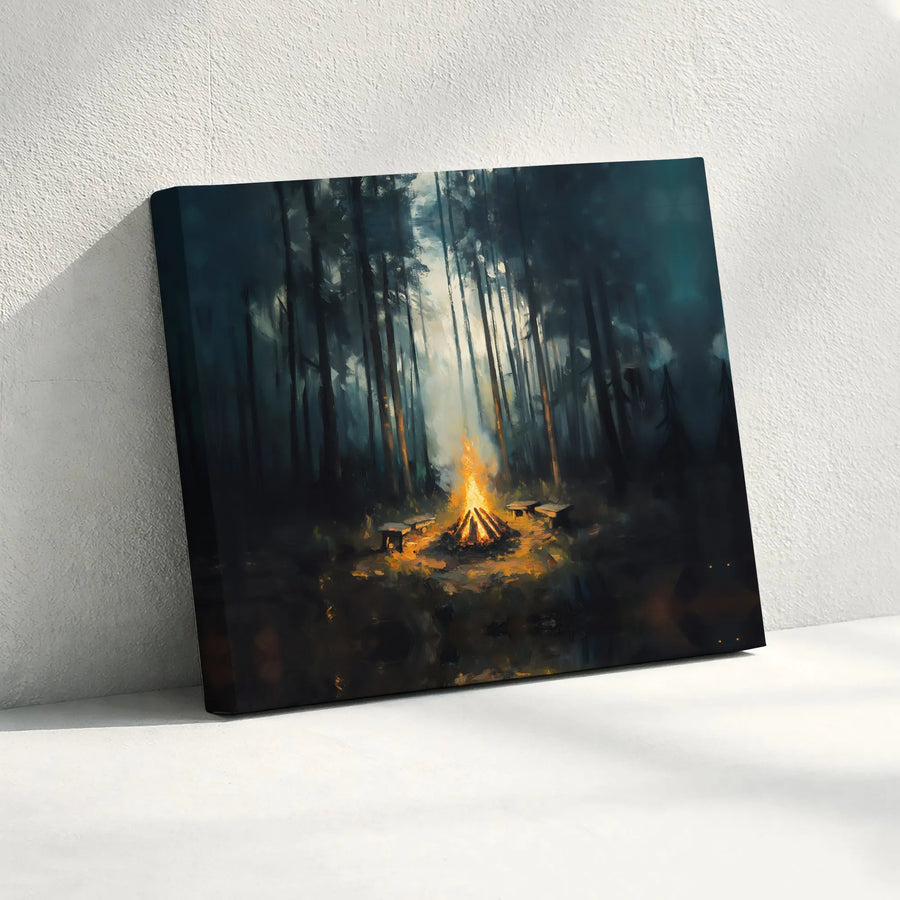 Campfire Forest Canvas Wall Art | Moody Misty Woodland Landscape | Premium Gallery Wrapped Print | Nature Lover Cabin Decor Gift