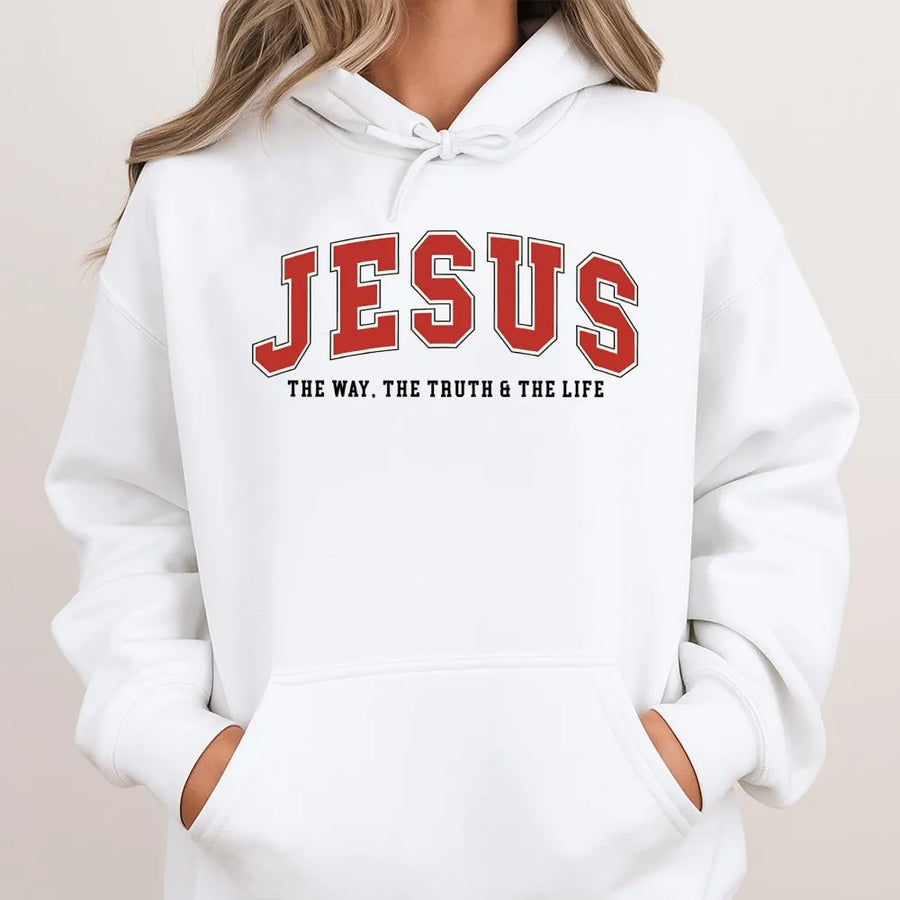 Jesus The Way The Truth The Life Hoodie | Varsity Lettering Aesthetic | Premium Cotton Blend | Christian Faith Gift Apparel