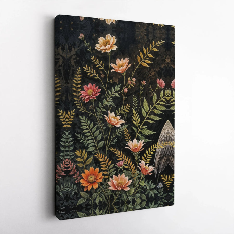 Dark Moody Floral Botanical Canvas | Vintage Angel Wing Wall Art | Premium 1.25 Inch Gallery Wrap | Gothic Home Decor For Living Room