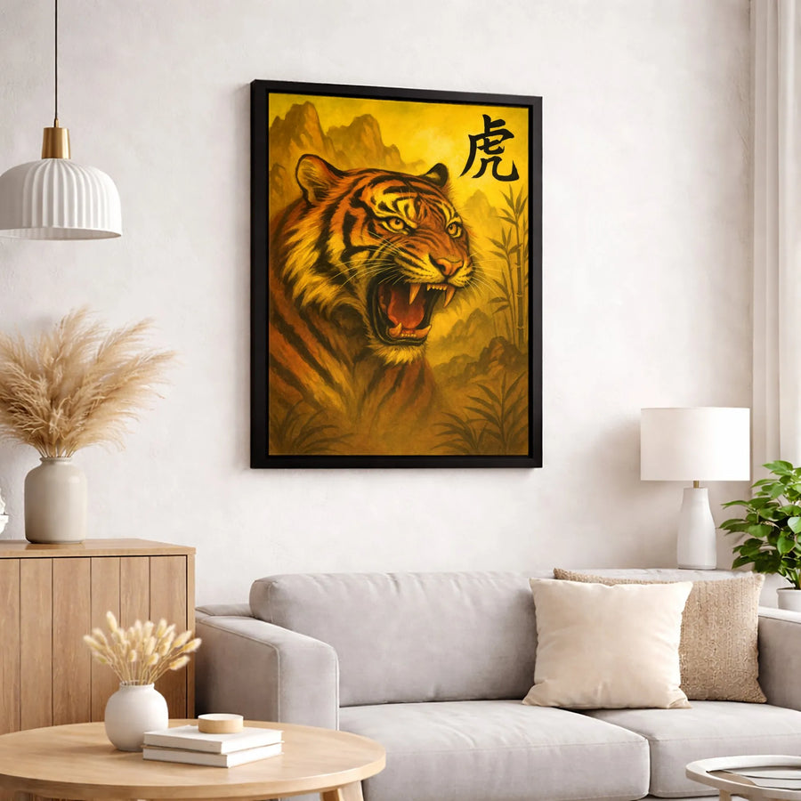 Roaring Tiger Wall Art | Asian Chinese Character Painting | Premium Gallery-Wrapped Canvas | Wildlife Home Decor Gift for Animal Lovers