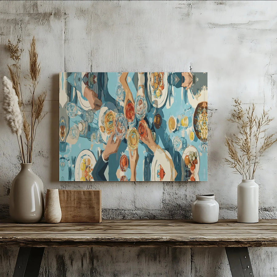 Dinner Party Celebration Horizontal Canvas | Modern Overhead Feast Art Print | Premium 1.25" Gallery Wrap | Perfect Dining Room Wall Art, Housewarming Gift