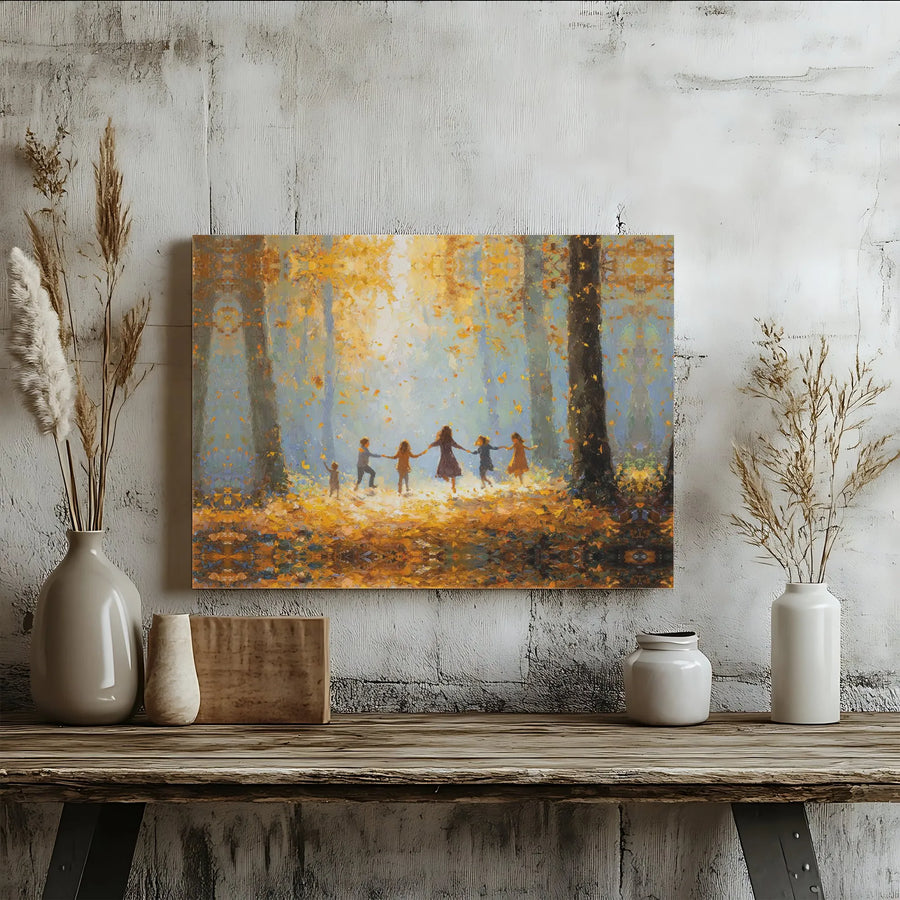 Autumn Forest Canvas Wall Art | Children Playing Impressionist Painting | Premium Fade-Resistant Gallery Wrap | Fall Home Decor Gift
