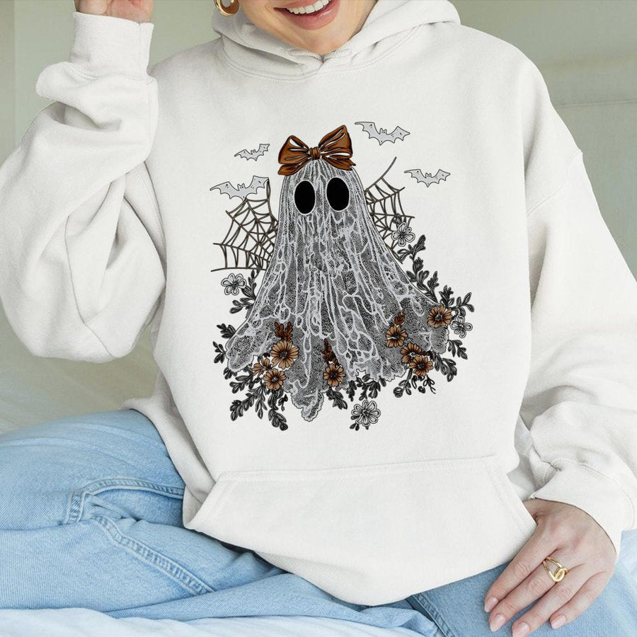 Lace Ghost Hoodie | Spooky Cute Aesthetic Halloween Design | Premium Cotton-Blend Pullover | Aesthetic Gift for Her & Spooky Season Lovers