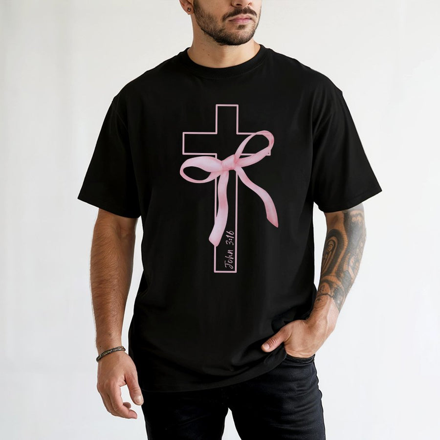 Coquette Christian T-Shirt | Pink Bow Cross Graphic Bible Verse | 100% Cotton Premium Tee | Faith Based Gift For Her