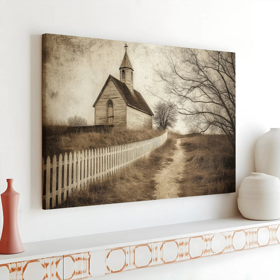 Rustic Church Canvas Wall Art | Vintage Chapel with Picket Fence | Premium Gallery Wrap Canvas | Religious Home Decor Gift