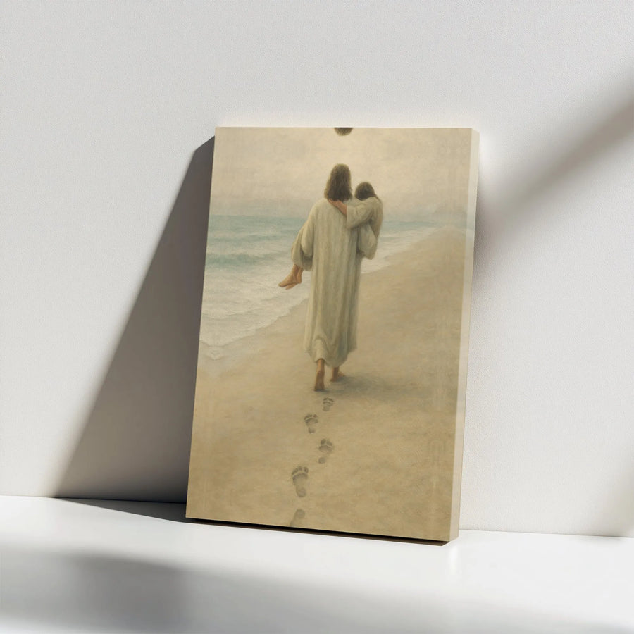 Footprints In The Sand Canvas Art | Jesus Carrying Person Beach Print | Premium Gallery Wrap Wall Decor | Religious Christian Gift For Home