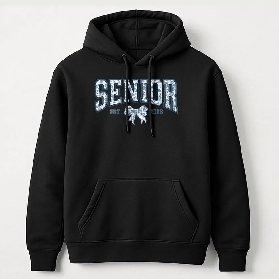 Senior 2026 Hoodie | Coquette Blue Floral Bow Design | Premium Cotton-Poly Blend | Cute Graduation Gift for High School and College Students