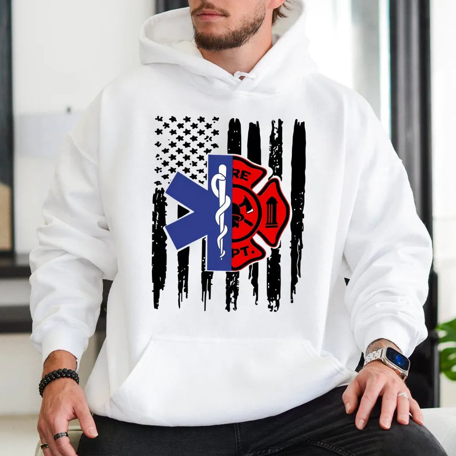 Firefighter EMT Hoodie | American Flag Star of Life Maltese Cross | Premium Cotton Blend | First Responder Hero Support Gift