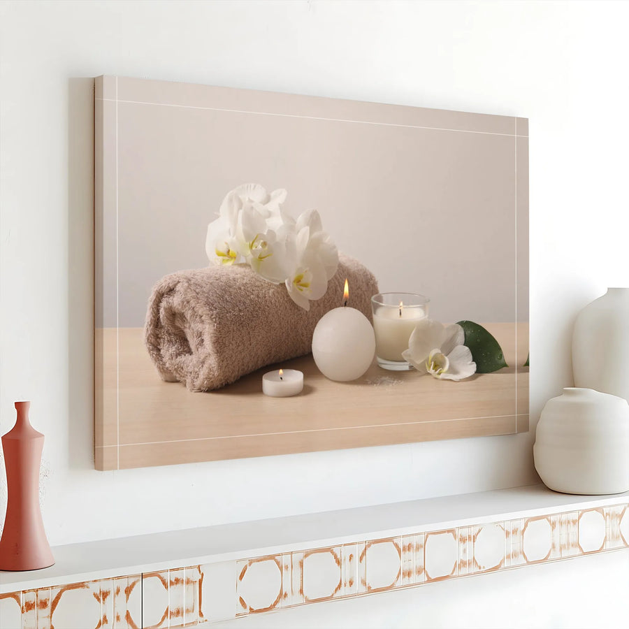 Zen Spa Canvas Wall Art | White Orchid Flowers & Candles Print | Premium Gallery Wrapped Canvas | Calming Bathroom & Salon Decor Gift