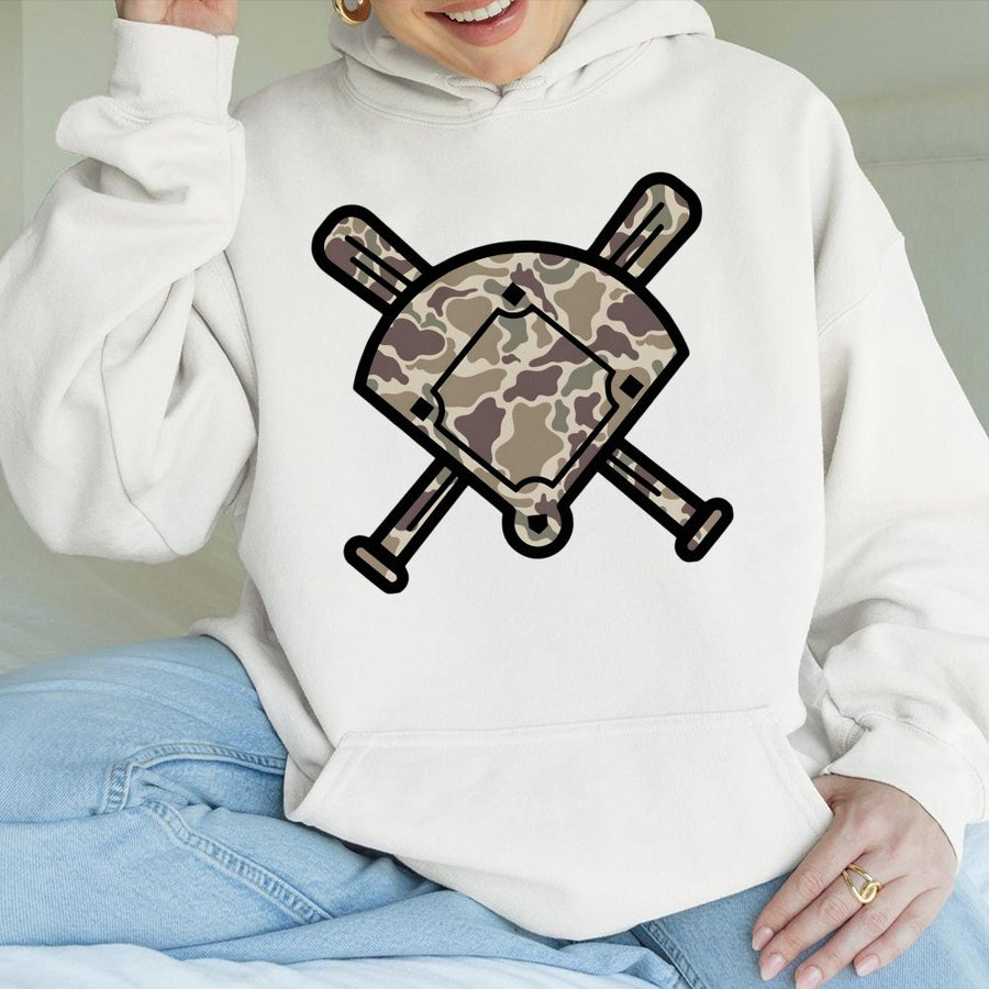 Baseball Camo Hoodie | Crossed Bats and Field Graphic | Premium Cotton Blend | Sporty Gift for Baseball Players and Fans