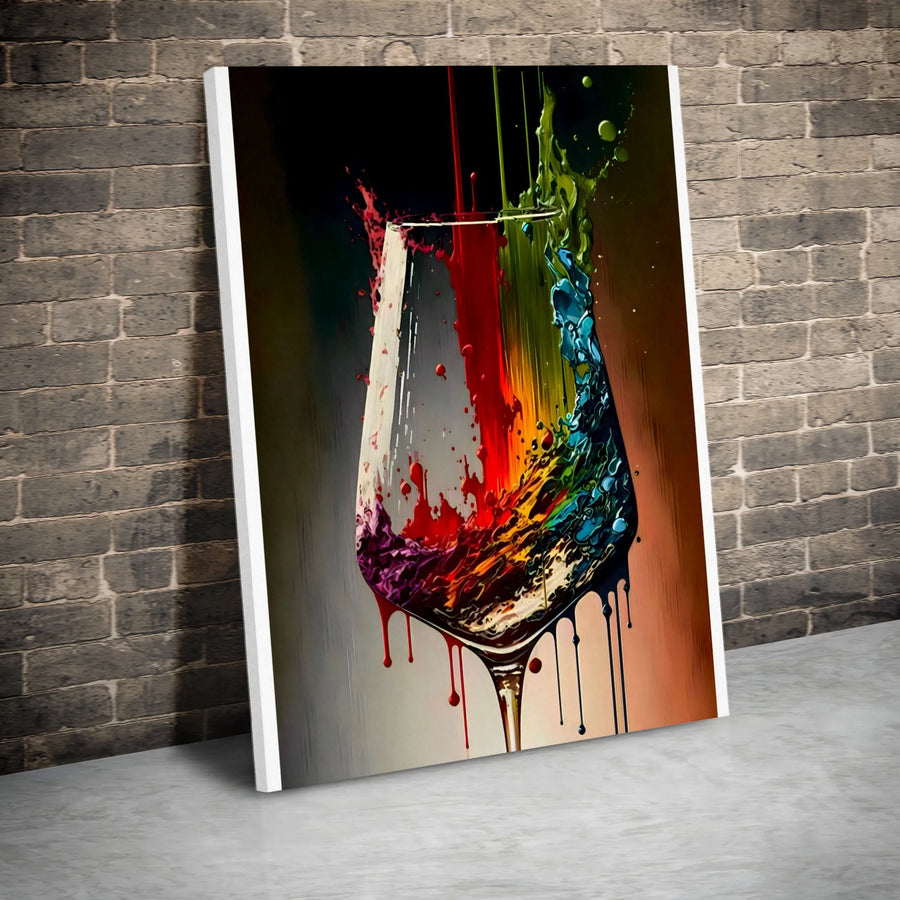 Abstract Wine Glass Canvas Print | Vibrant Rainbow Dripping Paint Art | 1.25-Inch Gallery Wrap | Modern Kitchen & Bar Decor Gift