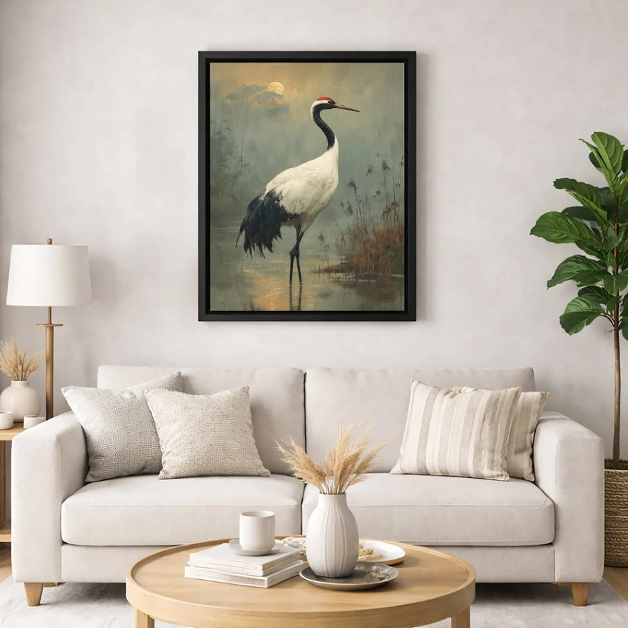 Japanese Red-Crowned Crane Canvas Wall Art | Serene Moonlit Marsh Wildlife Print | Premium Gallery-Wrapped 1.25" Profile | Elegant Zen Home Decor