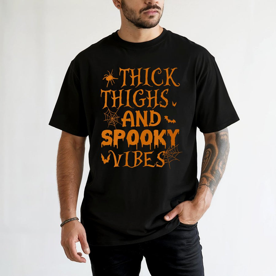 Thick Thighs And Spooky Vibes T-Shirt | Halloween Graphic Tee | 100% Cotton Premium Quality | Fun Women's Gift For Halloween Party Apparel