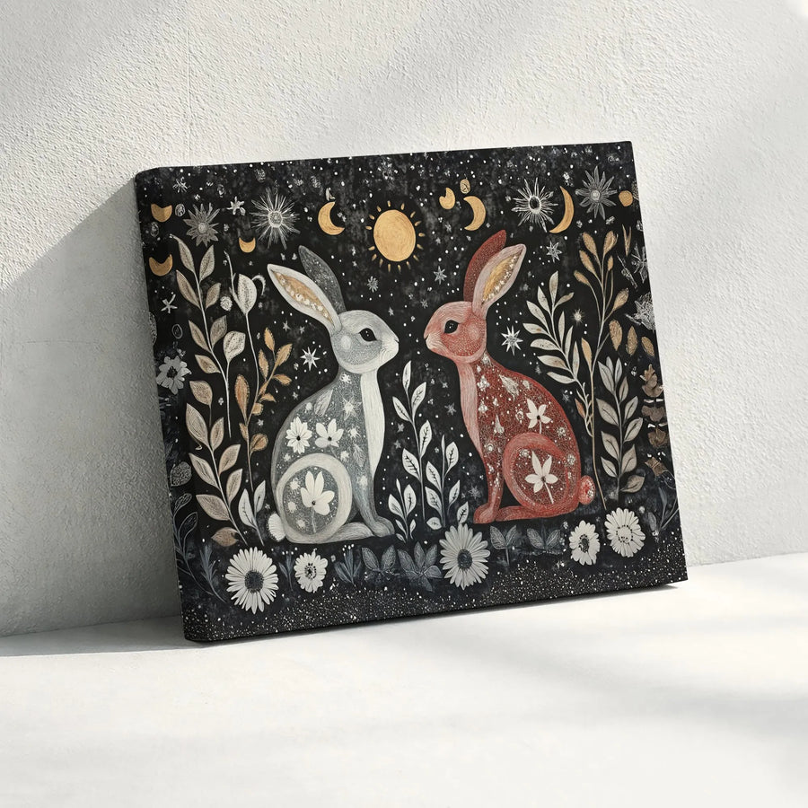 Celestial Rabbits Canvas Art | Whimsical Folk Art Sun and Moon Print | Premium Matte Wall Decor | Bohemian Nursery Gift