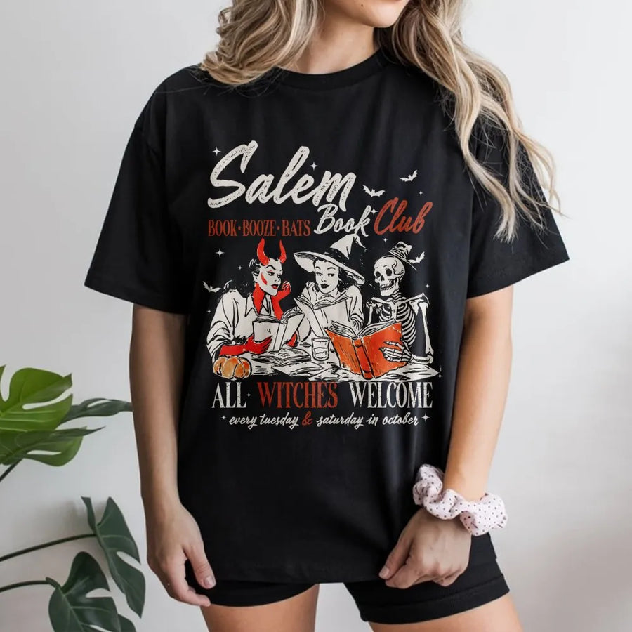 Salem Book Club T-Shirt | Spooky Halloween Reading Graphic | Premium Cotton Witchy Apparel | Gift for Bookworms and Halloween Lovers
