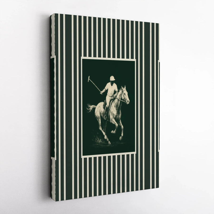 Polo Player Canvas Art | Equestrian Vintage Green Striped Wall Decor | Premium 1.25-Inch Gallery Wrap | Sophisticated Home Office Gift