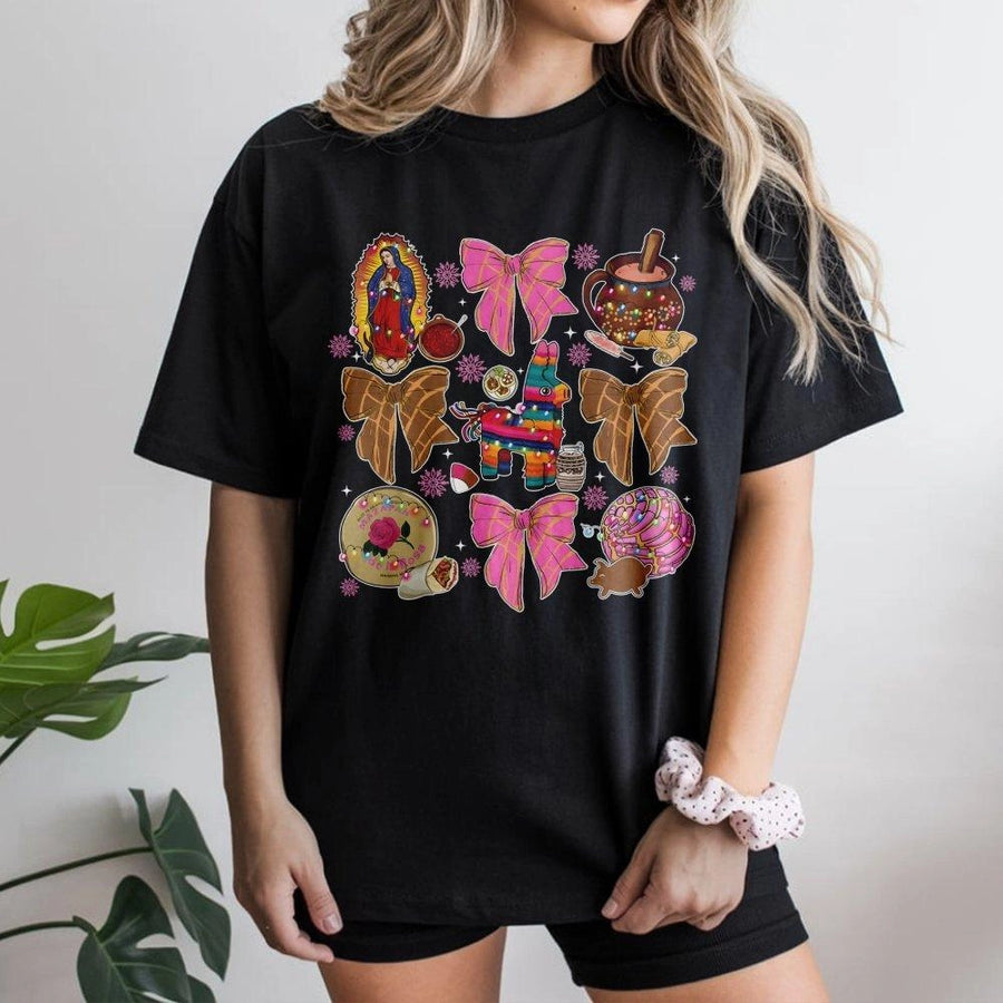 Mexican Christmas T-Shirt | Coquette Holiday Aesthetic with Piñata and Pan Dulce | Premium Cotton Crewneck | Festive Cultural Gift for Her