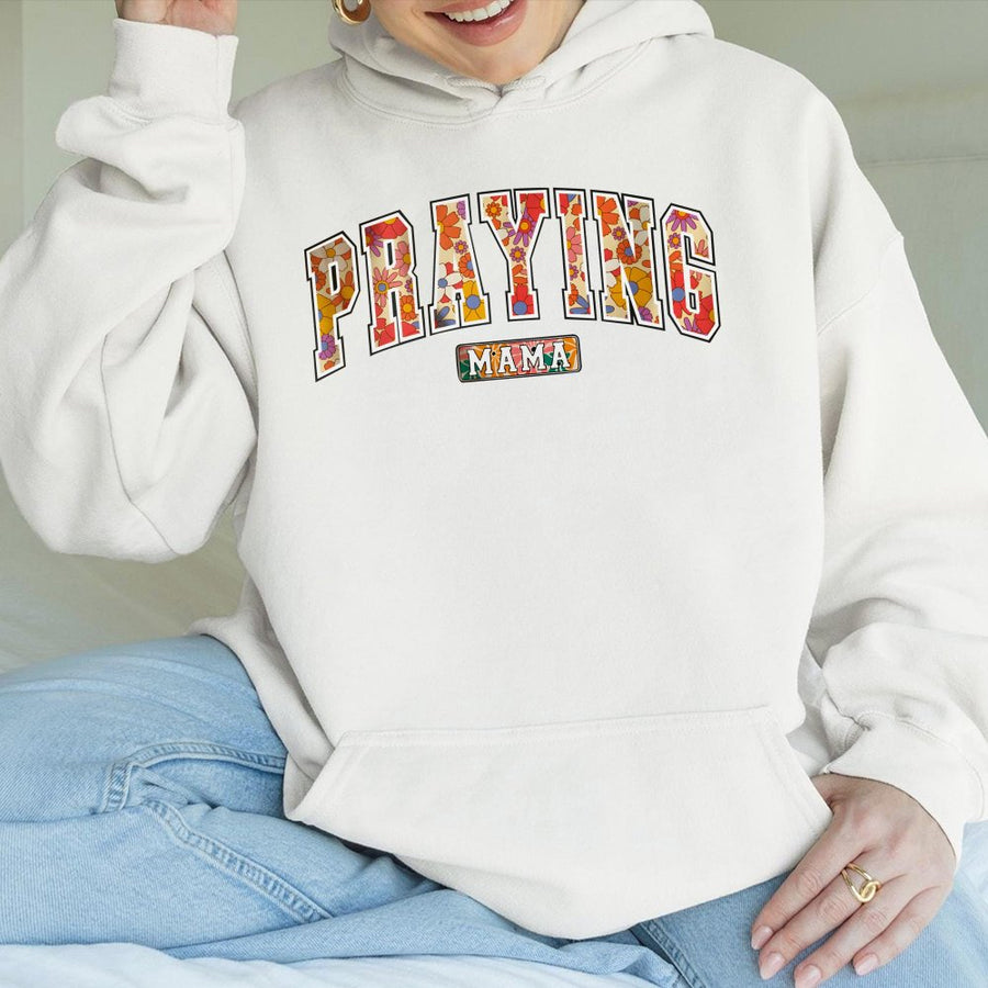 Praying Mama Hoodie | Floral Retro Collegiate Lettering | Premium Cotton-Poly Blend | Christian Mom Gift for Mother's Day 2026