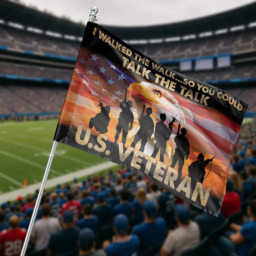 US Veteran House Flag | I Walked The Walk Soldier Silhouette | Double Sided Weather Resistant Fabric | Patriotic Home Decor Gift for Military Veteran