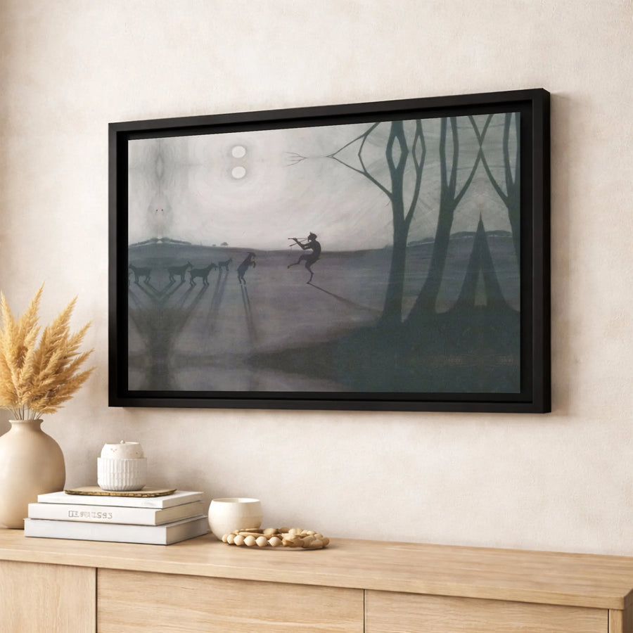 Mythological Faun Playing Flute Wall Art | Silhouette Goat Canvas Print | 1.25-inch Premium Gallery Wrap | Nature Fantasy Home Decor Gift