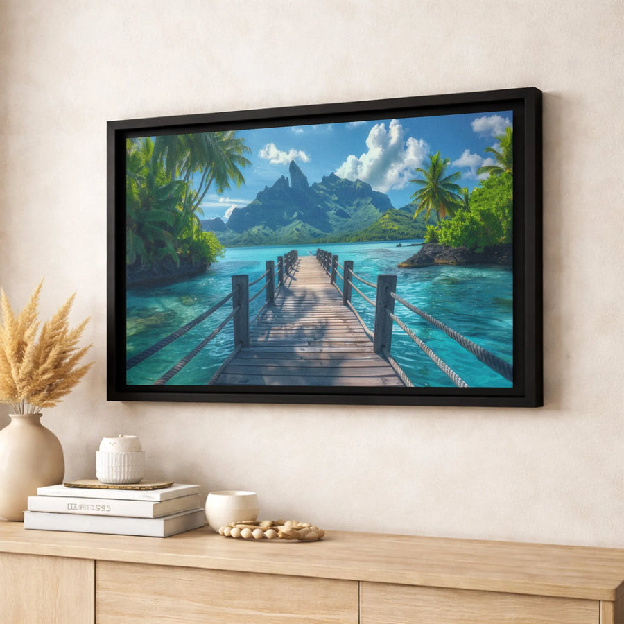 Tropical Beach Canvas Wall Art | Turquoise Ocean Dock & Mountain View | Premium Fade-Resistant Print | Relaxing Coastal Home Decor Gift